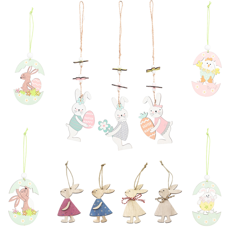 Spring Easter Party Decorations for Home Happy Easter Bunny Rabbit Egg Wooden Hanging Pendant DIY Craft Party Supplies Kids Gift