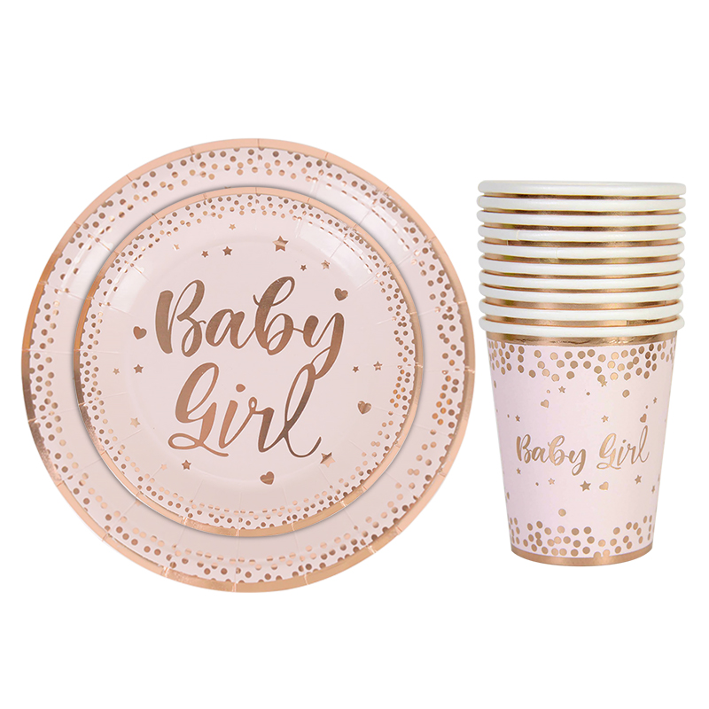 Rose Gold Baby Girl Drucken Herz Punkt Einweggeschirr Set Papierschalter Babyparty Geburtstagsfeier Dekoration