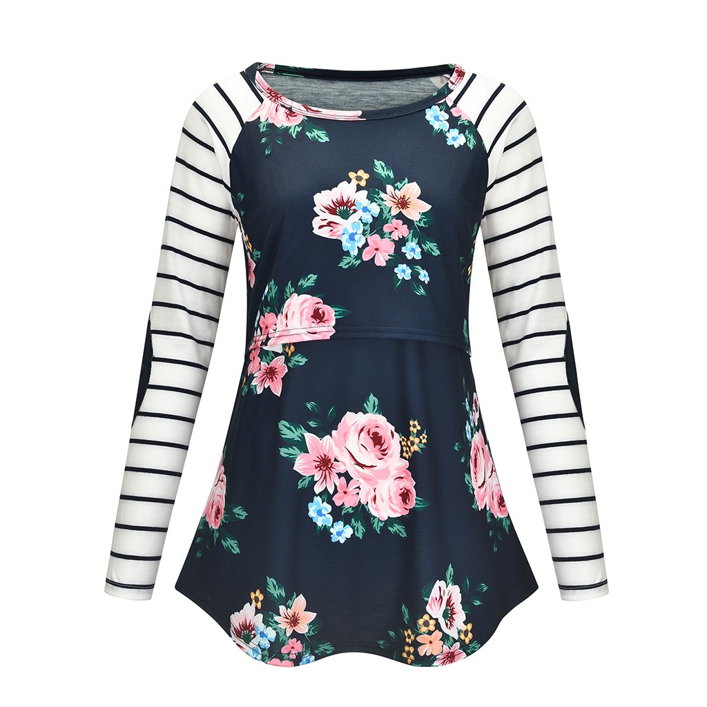 Pregnant Women Maternity Long Sleeve Floral Striped Nursing Top T-shirt For Breastfeeding Pregnancy Shirt Tops Maternity Clothes