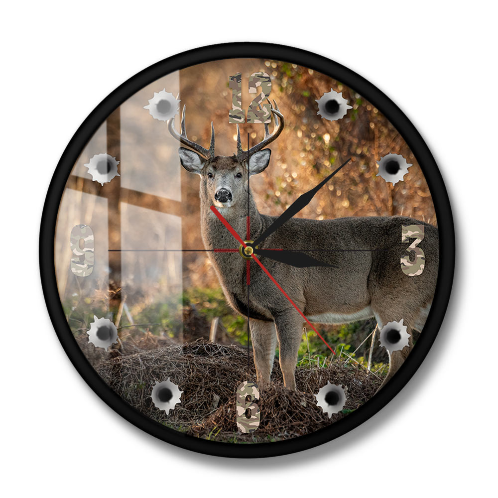 Deer Hunter Camera Sniper Big Buck Round Wall Clock Decort Decotta Wildlife Art Animal Art Elk Cabin Orologio da parete Gift di caccia a caccia di cervi