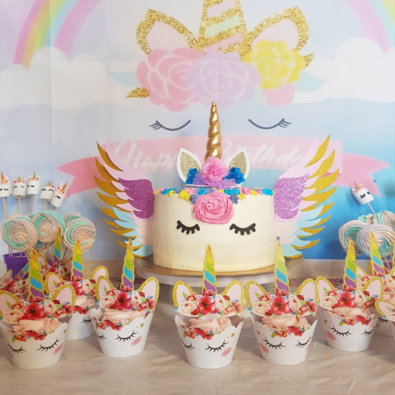 Unicorn Cupcake Toppers och omslagsdekorationer Rainbow Cake Stand Pannband Sash Dekorleveranser för Baby Girl Birthday Party