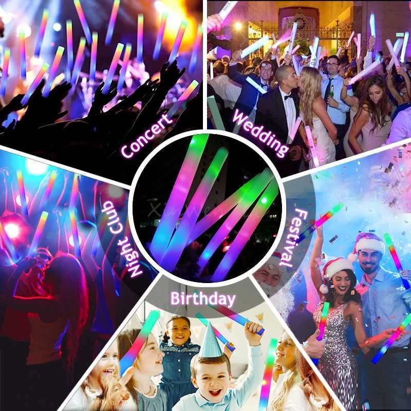 LED RAVE TOY 30tS RGB LED GLOW FOAM STICK Bulk Färgglada LED -cheer rör Dark Glow Sticks Light Birthday Wedding Party Supplies 240410