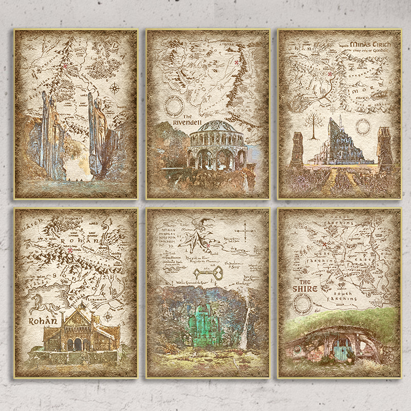 Tolkien Middle Earth Retro Travel Map Wall Art Canvas Painting Imprimés Fantasy Literature Movie Affiche Mur Pictures Home Decor