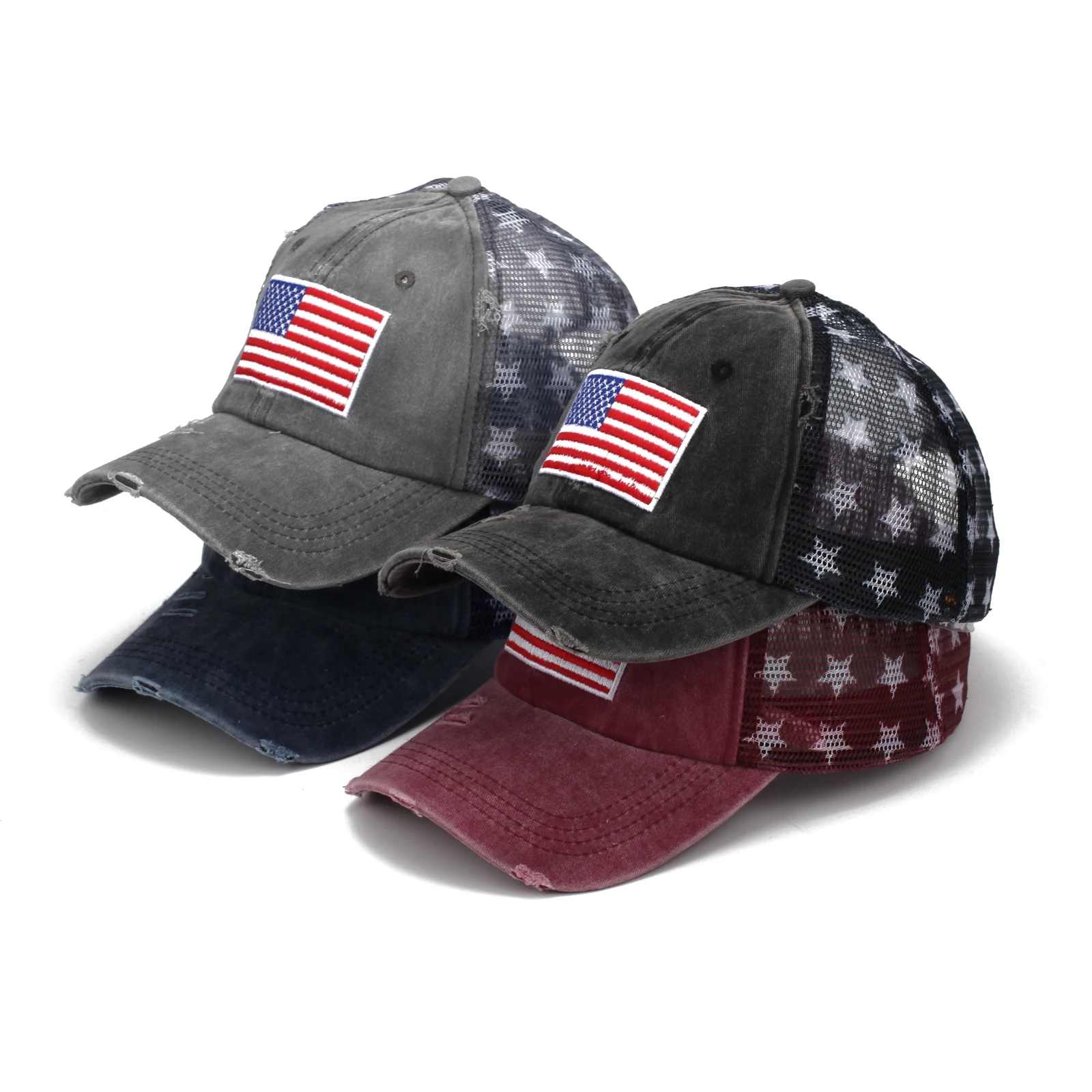 Distressed American Flag Star Ball Cap Denim Baseball Cap Women Jeans USA Flag Hat