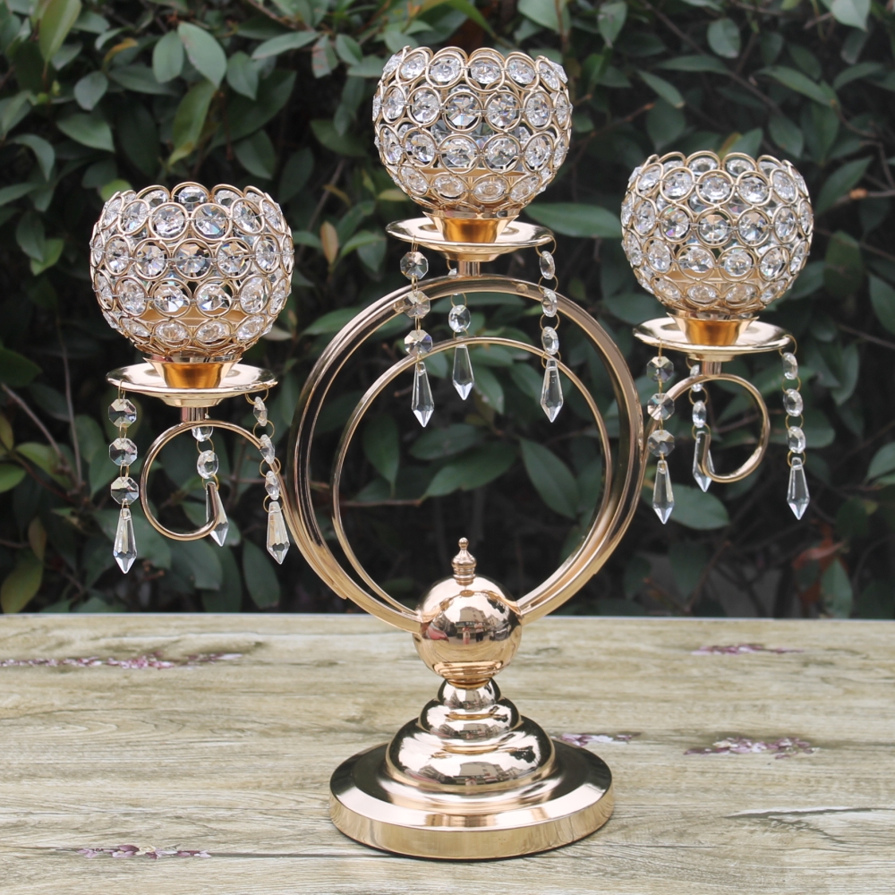 IMUWEN NOUVELLE ARRIVE 43 cm Hauteur 3 bras Candelabras en métal avec pendentifs en cristal, Candon de mariage à finition dorée brillante