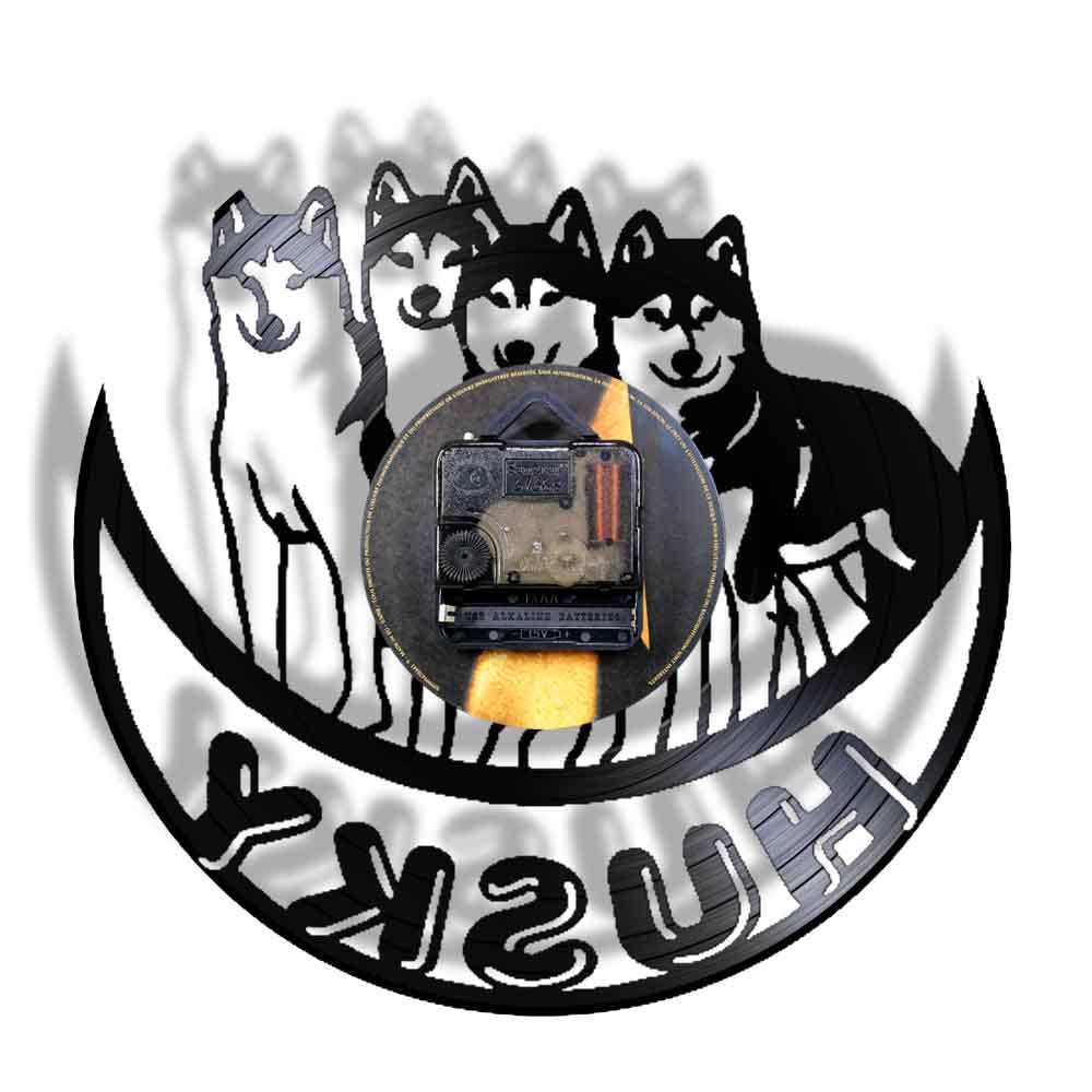 Husky Wall Clock wykonany z prawdziwego winylowego rekordu arktycznego psa sań