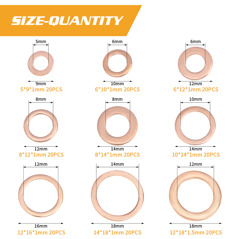 180/220 / Laveuses plates Scelgage Assortiment plat en cuivre Assortiment en laiton plaqués ensemble avec boîte adaptée à la vis