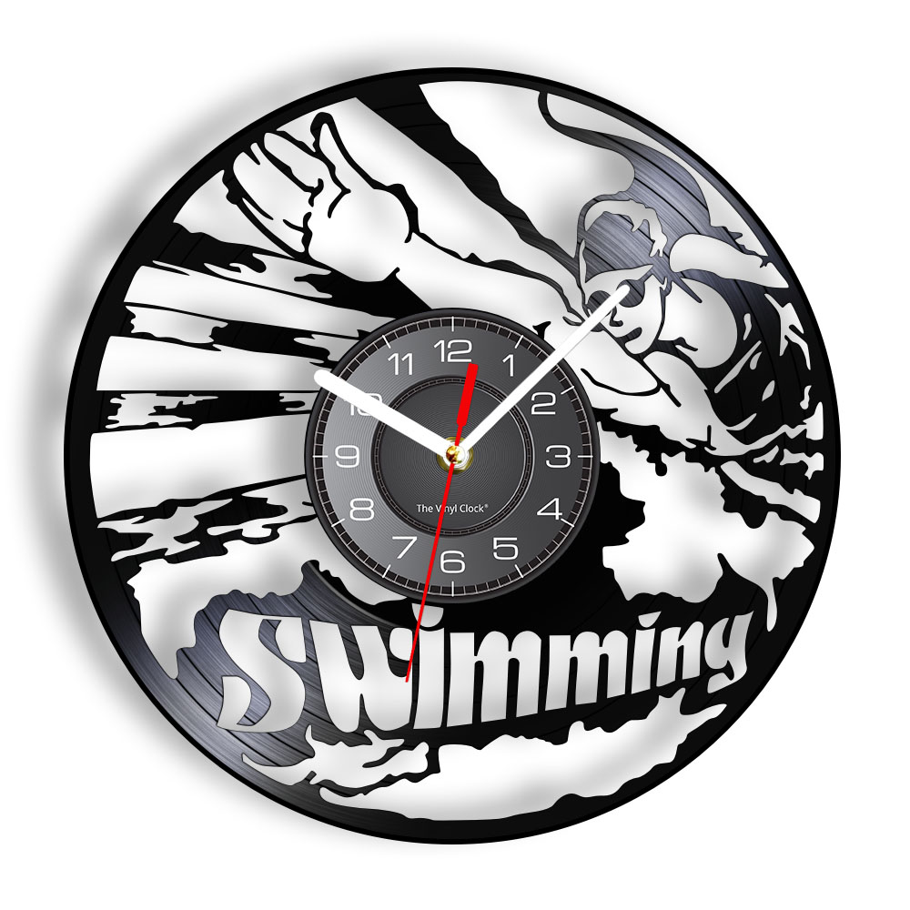 Swimming Pool Modern Art Silent Wall Clock för Natatorium träning Vinyl Record Decor Swimmer Sports Home Decor Disk Crafts