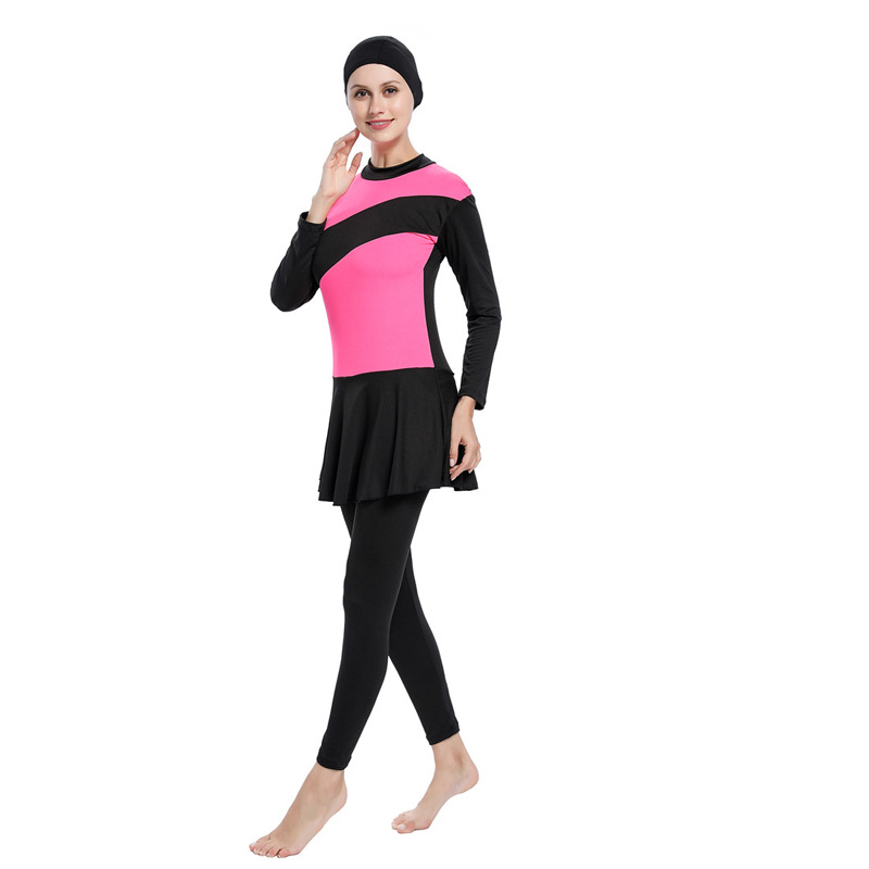 Muzułmańskie stroje kąpielowe Kobiety Skromne Jumpsuits Patchwork Hidżab długie rękawy Sport Swimsuit Islamski burkini noszenie kostium kąpielowy M-4xl