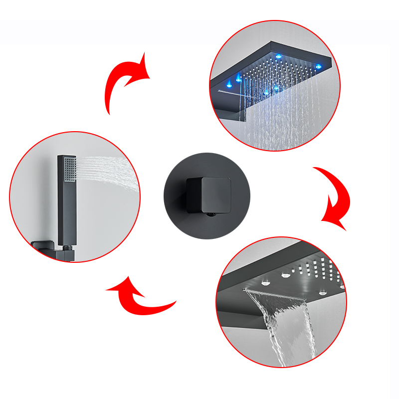 Banheiro led cachoeira torneira de chuveiro conjunto de latão montado na parede Torneira de banheira de 3 maneiras