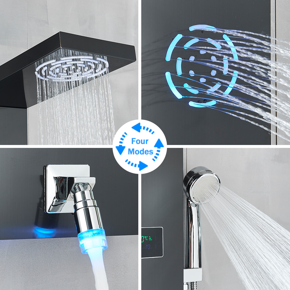 Rozin Led Banyo Duş Musluğu LCD Siyah Yağış Duş Paneli Duvar Monte 5 Mod Masaj Jet Duş Sütun Mikseri Musluk