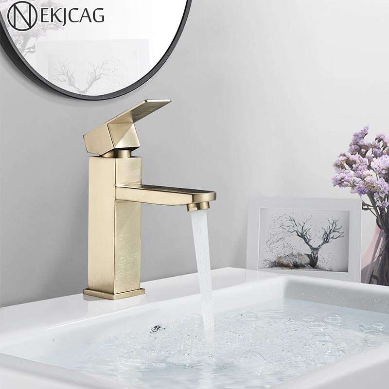 Nekjcag Brushed Gold Bathroom Basin Faucet Single Lever Bathroom Vessel Sink Faucet Hot Cold Mixer Tap Deck Mounted