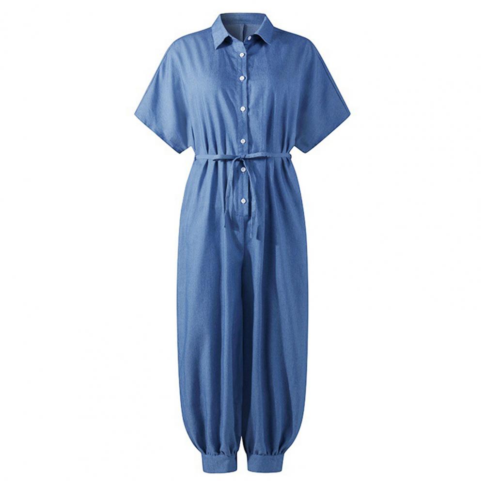 Summer Women Denim Jumpsuit Short Sleeve Solid Color Buttons Pockets Long Baggy Romper Overall for Work Wide Leg Trousers 3XL