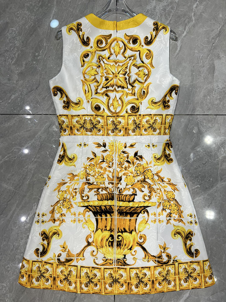 Fashion Femmes Jacquard Robe imprimée porcelienne jaune Lady O-Neck sans manches Street Mini Vestidos