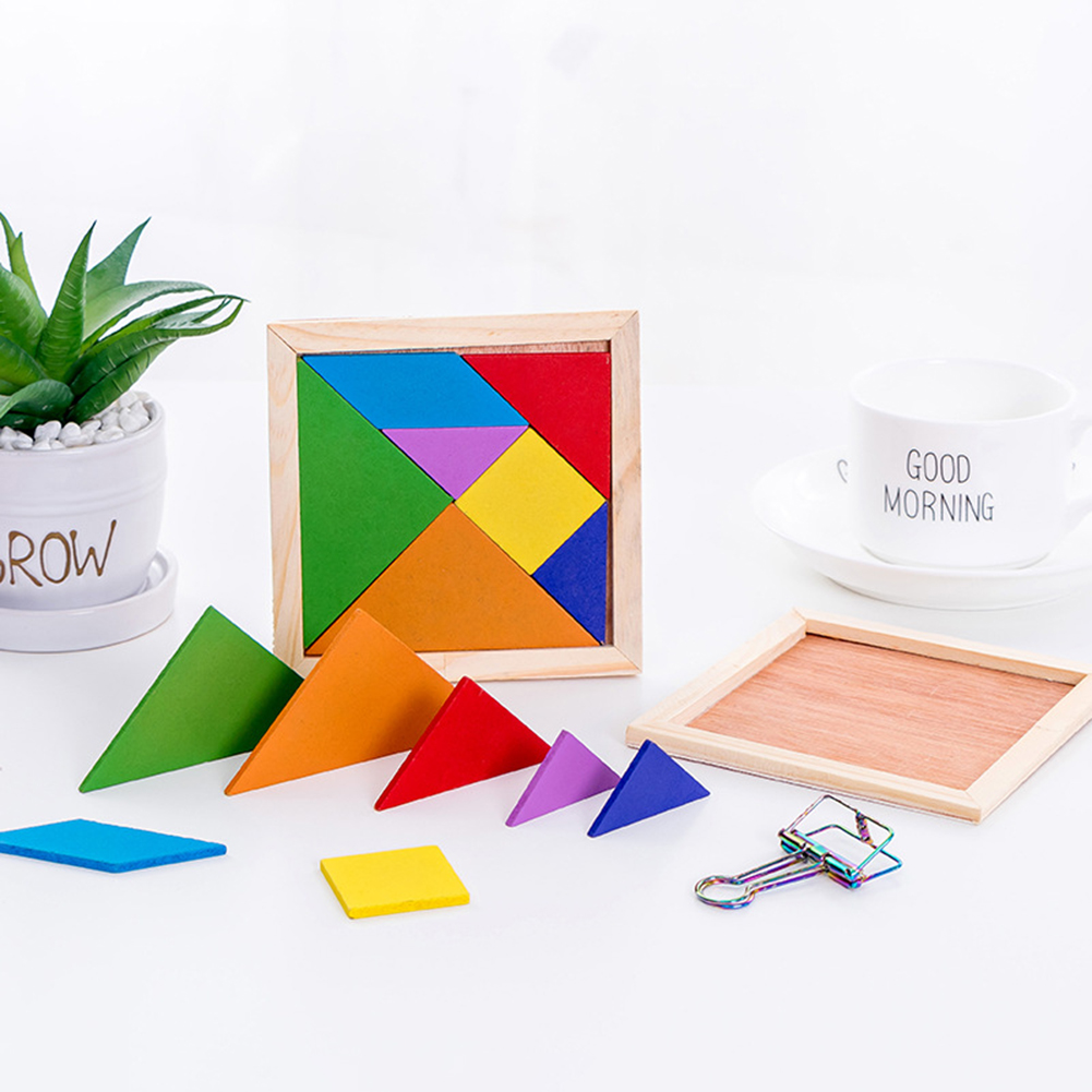 Hölzerne farbenfrohe Tangram Geometrische Puzzle -Puzzletafel Bildungsspielzeug Kinder Geschenk Mathematik