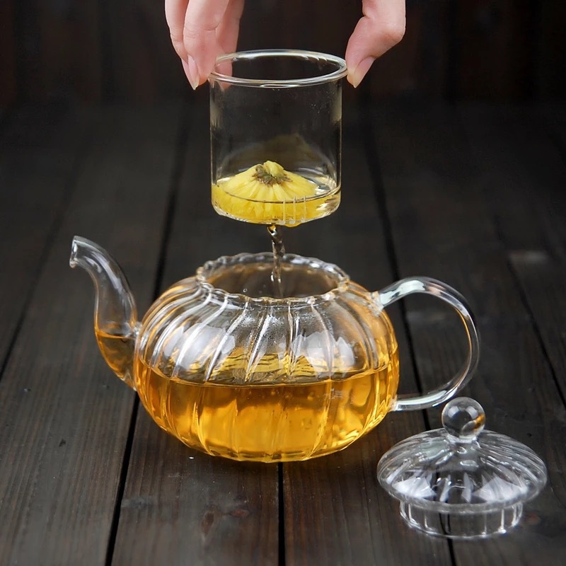 Striped pumpkin shape flower teapot Flower TeaCup Glass Teapot with Infuser Tea Leaf Herbal Heat Resistant Glass Pot