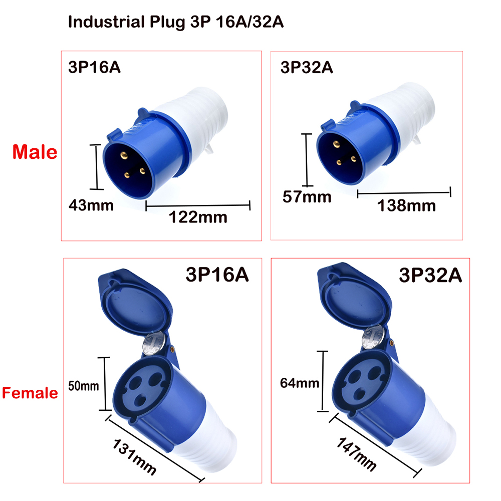 NIEUW BLAUW 250V 16/32 Amp 3 Pin Industrial Site Sites Sockets IP44 2P+E Mannelijke/vrouwelijke industrie Elektrische socket