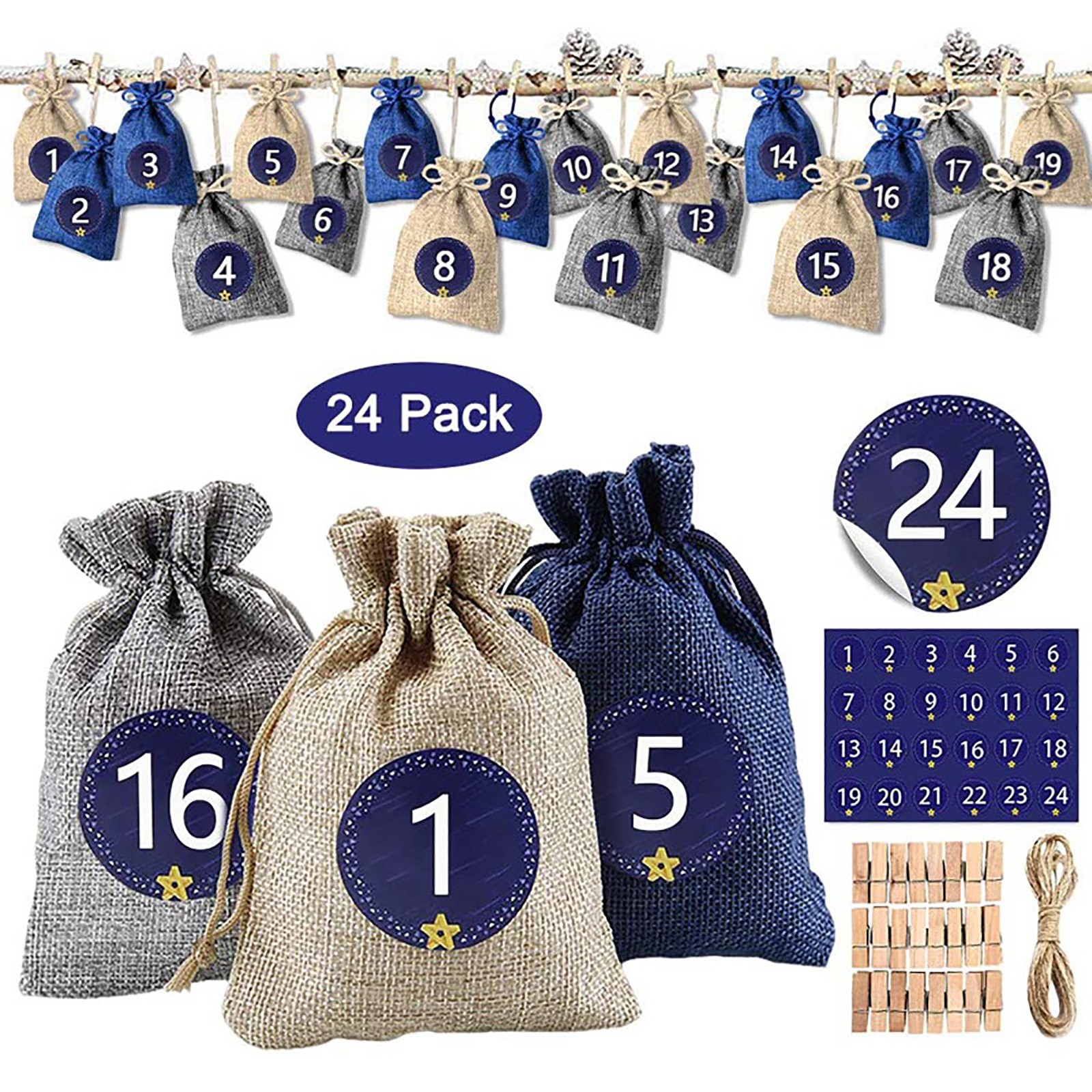 24 Sac en tissu rempli de calendrier de l'Avent, 24 Sac-cadeaux de Noël de l'Avent Day avec 1-24 Advent Numéro Stickers Christmas Calendar Decor