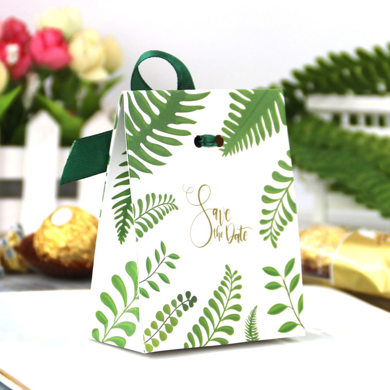 Green Leaves Candy Box Wedding Favors Paper Presentlådor Packaging Bag Birthday Baby Shower Christmas Chocolate Box Party Supplies