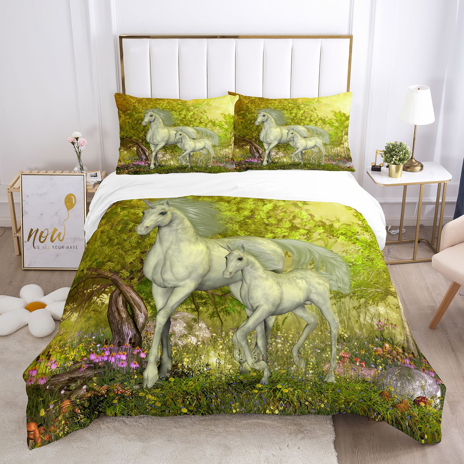 Couvercle de couette Unicorn Set Horse blanc avec aile 3D Impression King Size Couvre-couette en polyester pour les enfants Ensemble de literie avec taie d'oreiller