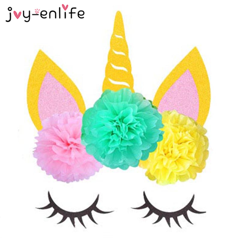 Födelsedag enhörning Party Decor Diy Unicorn Horn Eyelashes Ear Wall Sticker 20cm Paper Pom Poms Baby Shower Party Backdrop Supplies