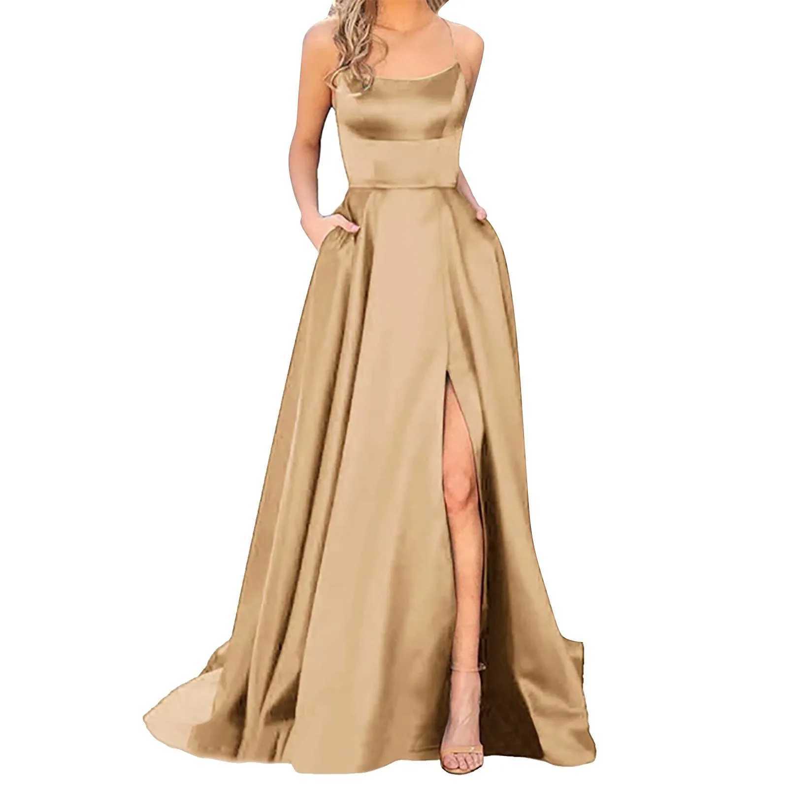 Urban Sexy Dresses Solid Color Dresses Prom For Women Sexy Satin Spaghetti Strapbackless Side Slit Tunic Slip Dress Female Party Evening Long Dress 240410