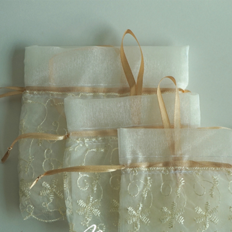 White Champagne Color Cosmetic Sample Packaging Gauze Bag Lace Tulle Packaging Bag Wedding Candy Bag 10x10 12x12 15x15cm