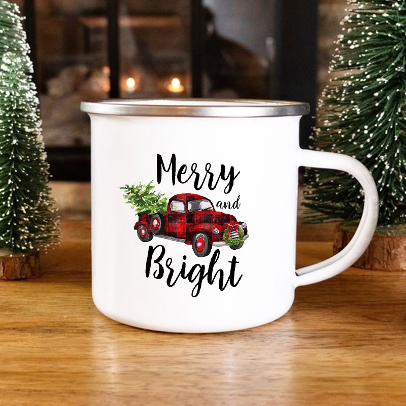 Truck Print Enamel Mug Creative Christmas Vintage Coffee Wine Cups Drink Dessert Cocoa Milk Cup Cake Mugs Handle Drinkware Gift