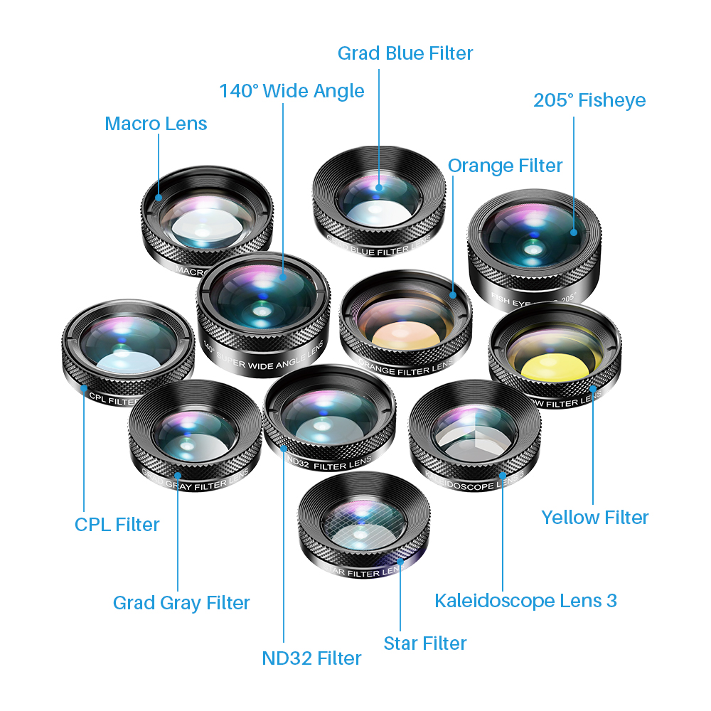 Apexel Professional Mobile Phone Lens Kit с макроугольником Fisheye Lens Lens Cpl ND32 Star Filter для однократных телефонов с двойной камерой