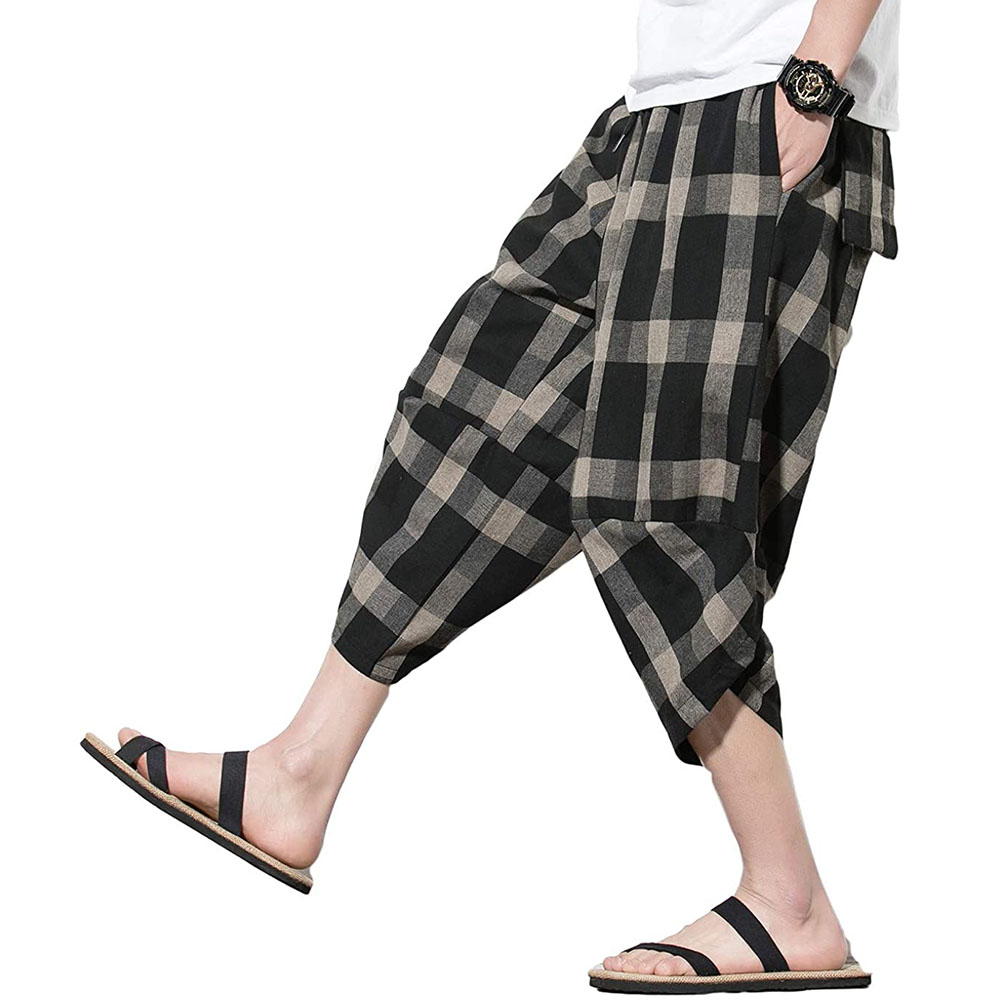 Pantalon de harem masculin pantalon de yoga de taille élastique légère grille large jambe large lin arborant de la plage de plage capri pantalon décontracté