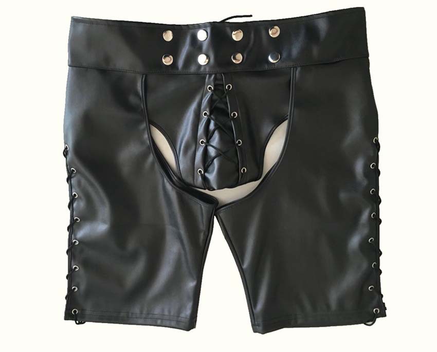 S-2XL New Buckle Hot Black Mens PVC 붕대 오픈 코르치 반바지 고딕 페티쉬 게이 남성 모행 가죽 호스트랩 음경 포켓 바지