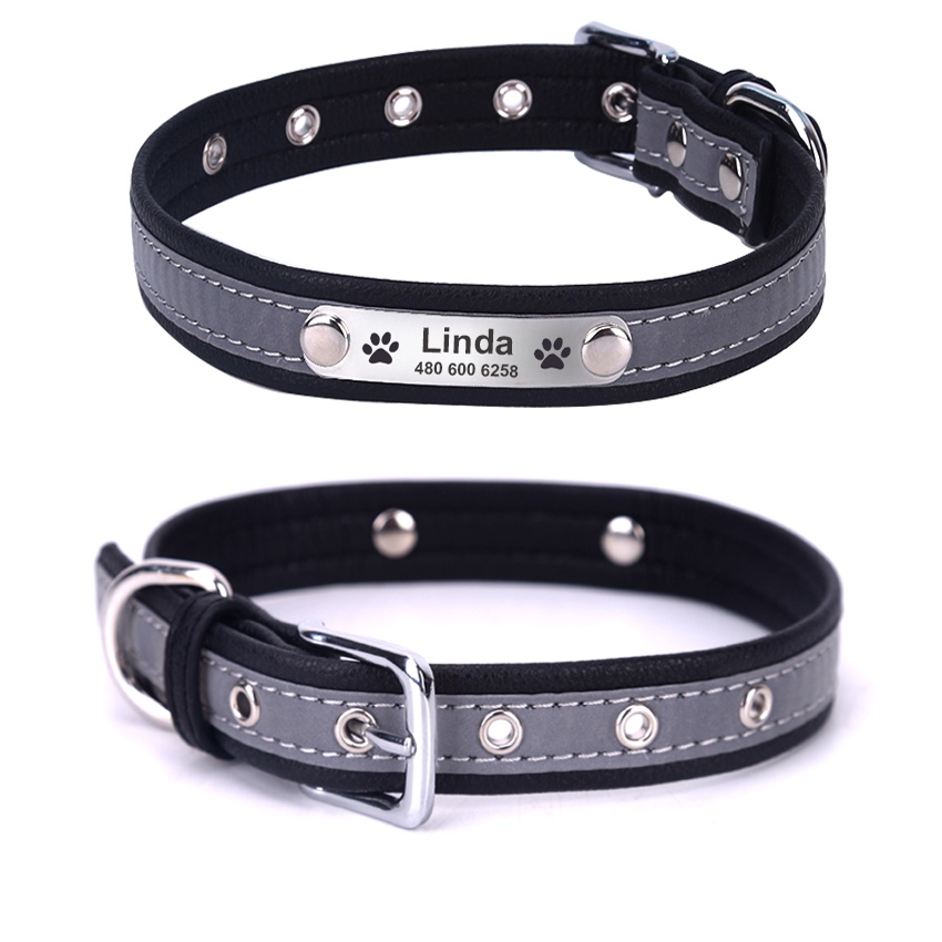 Reflective Personalized Dog Collar Leather Resistance bite Puppy Cat Collar ID Collar Engrave Name Phone Number Puppy Nameplate
