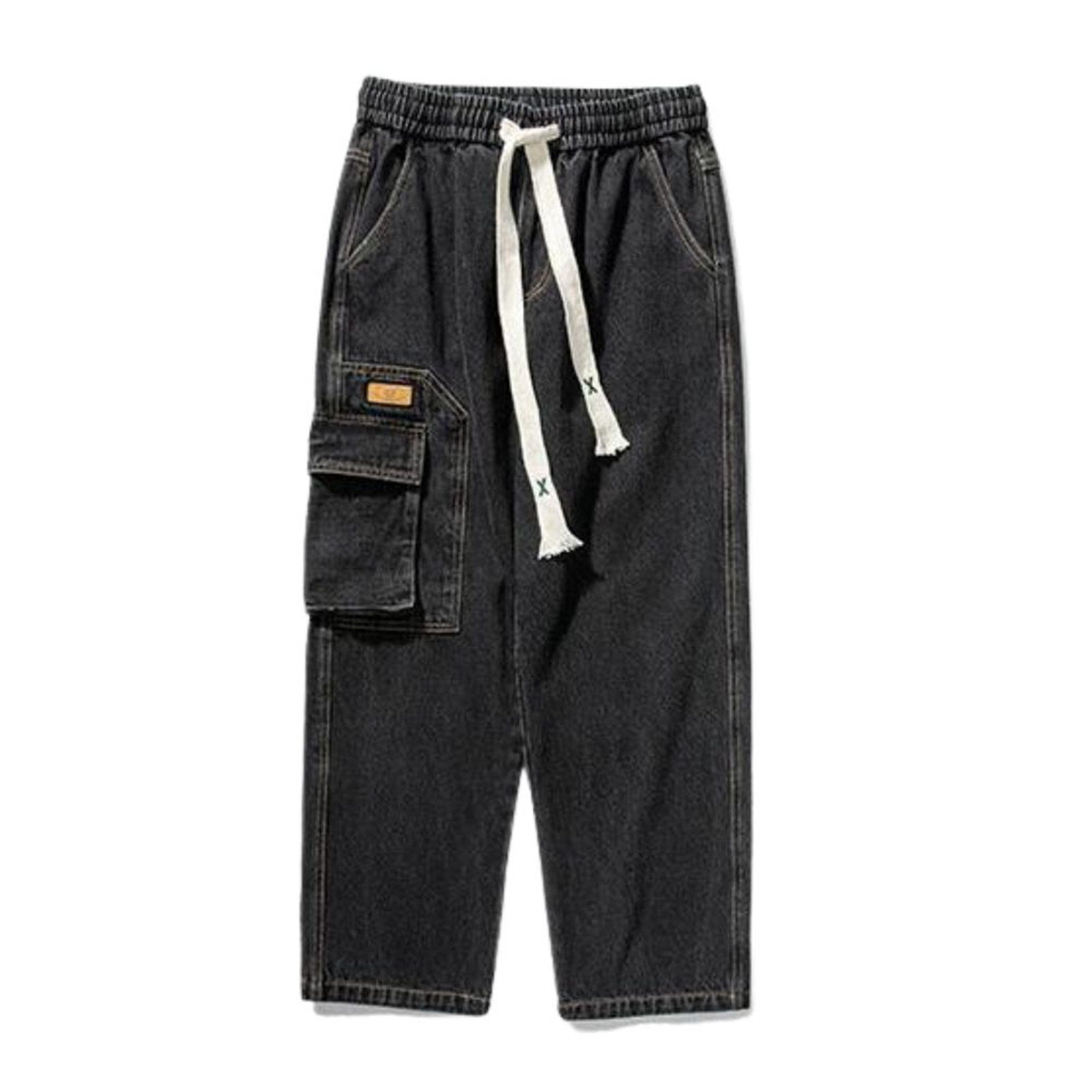 Jeans Man Autumn Long Trousers Hip Hop Denim Work Pants With Big Pockets Vintage Men's Casual Loose Cargo Jeans Drawstring