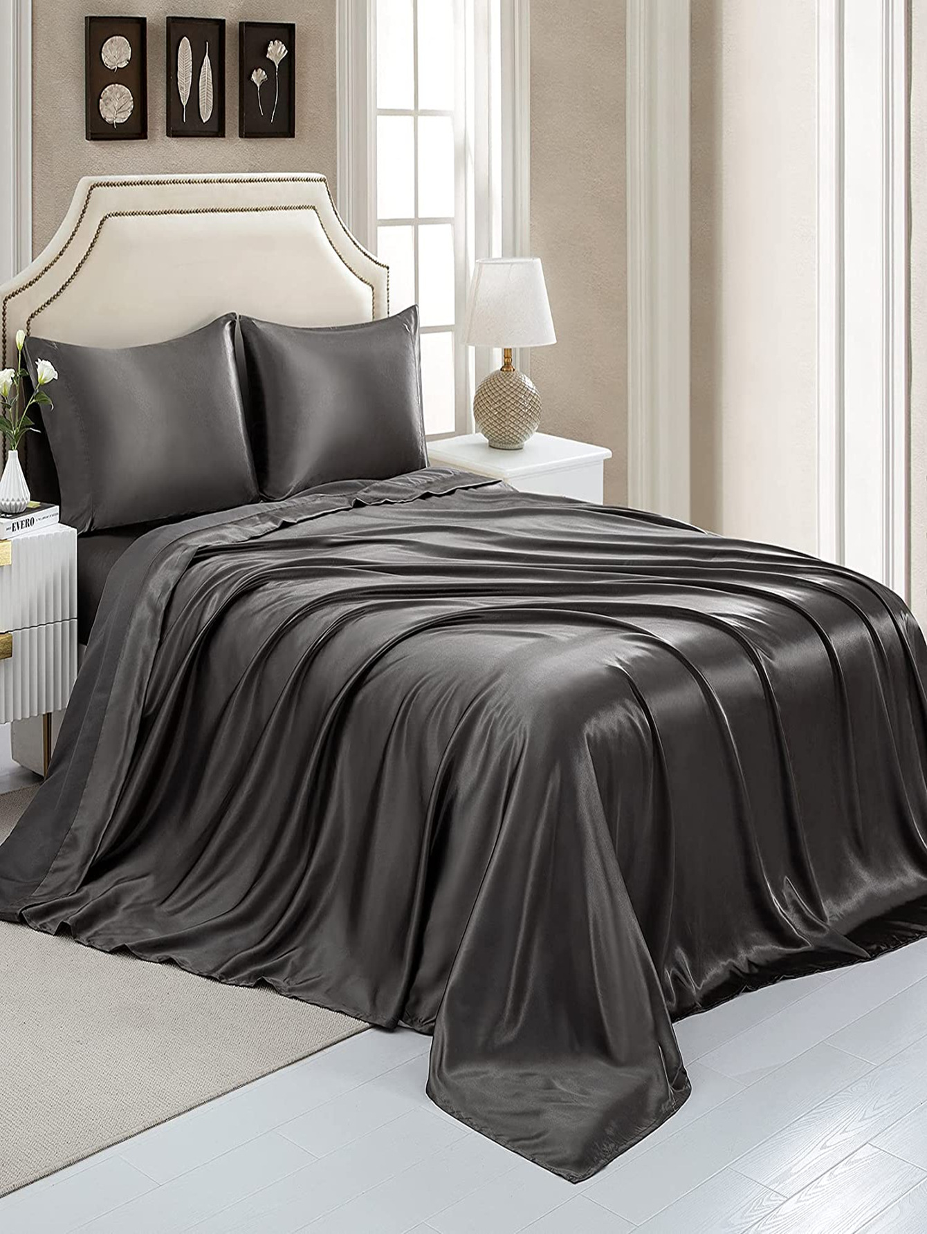 JuwenSilk luxury satin silk Linens double bed sheet Bed set Satin bed line bed sheet solid Bed cover Bedspread pillowcase