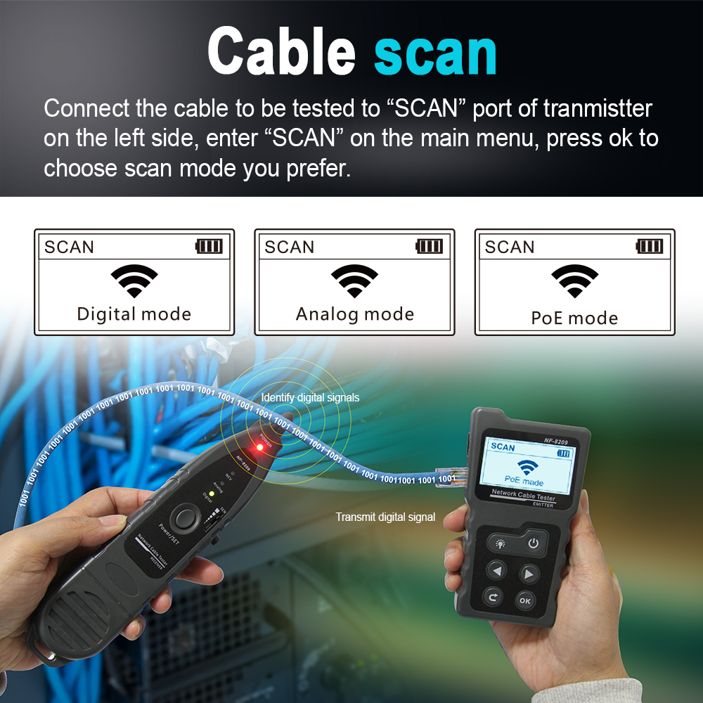 LCD -netwerkkabeltester Draadstracker POE Checker Inline POE -spanning en huidige tester met kabeltester Illuminaatfunctie