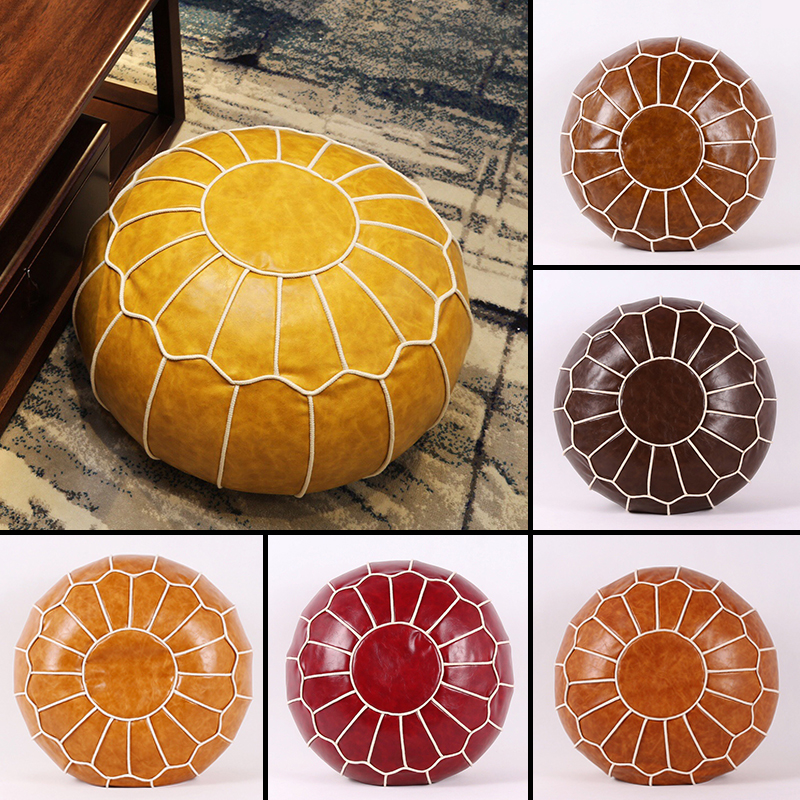 Marokkaanse PU Leather Pouf Borduurvaartuig Ottoman Home Moderne voetenbank Ronde 55*35cm Artificial Leather Unstuffed Cushion