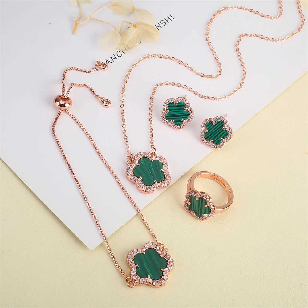 Collares colgantes de piedra natural de zirconia juego de joyas de trébol clásico de cinco hojas de pulsera de flores aretes anillo para mujeres regal al por mayor 240410