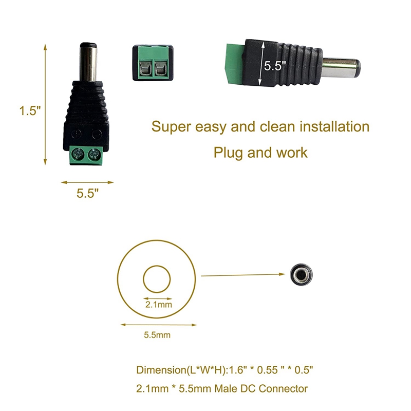 男性女性DCパワーケーブルプラグワイヤーコネクタ5.5mm x 2.1mmジャックパウププラグアダプターLEDストリップCCTVセキュリティカメラDVR用