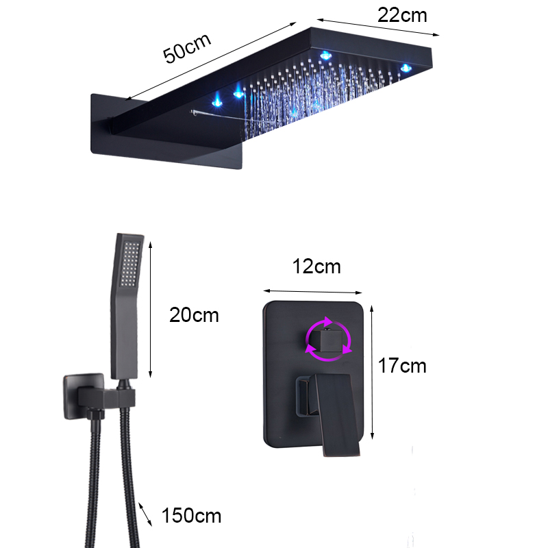 Lyxmatt svart dusch kran rektangel led regnfall dusch set 3 sätt vatten utlopp badrum dusch bekväm upplevelse