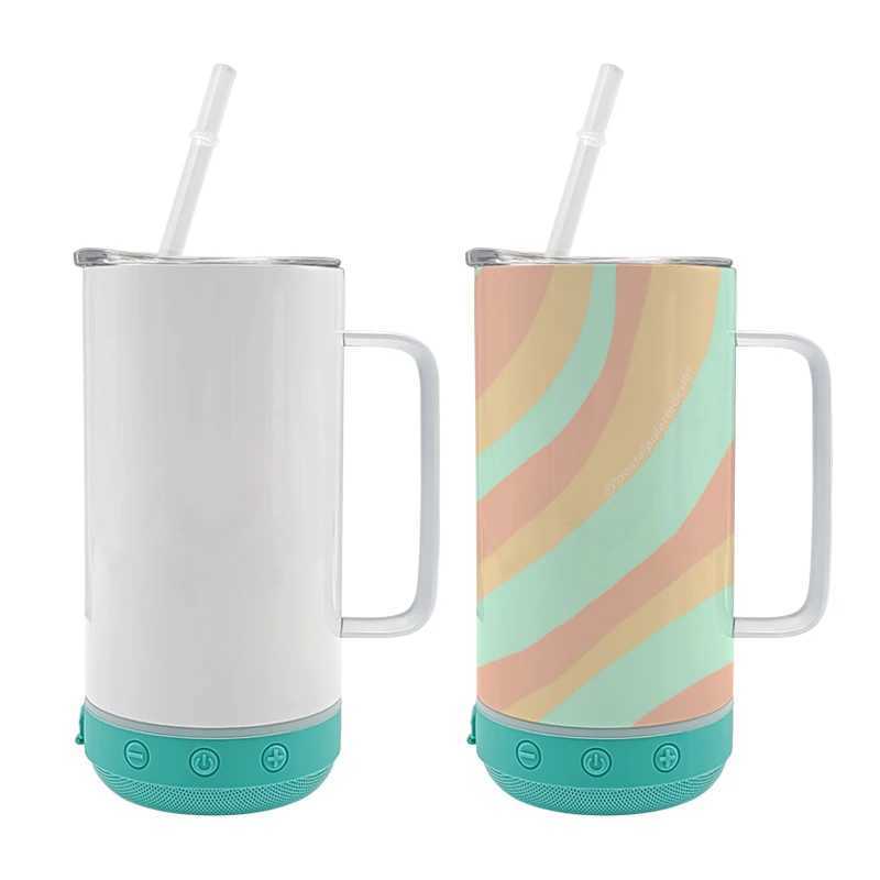 Tazas de altavoz Bluetooth Copa de 14 oz con manejo de la botella de agua de altavoces de sublimación impermeable desmontable para automóvil para el hogar fuera del viaje 240410