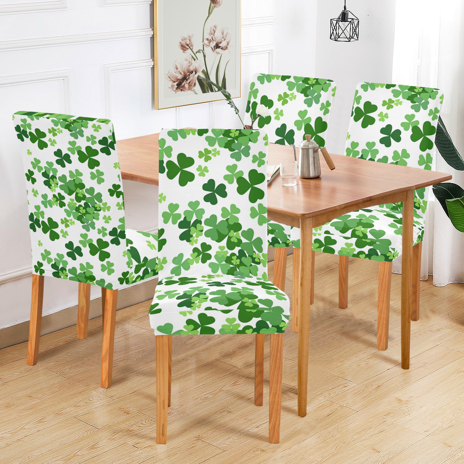 Green Shamrocks Chair Cover Elastic Dining Chair Slipcover Set of 2 Stretch Removable Anti-dirty Office Chair Seat Cover Decor