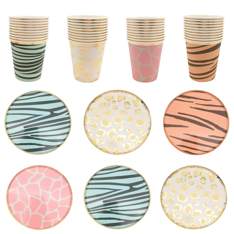 8st Jungle Animal Printed Tiger Giraffe Zebra Paper Plates Cups Theravkin Disponertabell Baby Kids Birthday Party Supplies