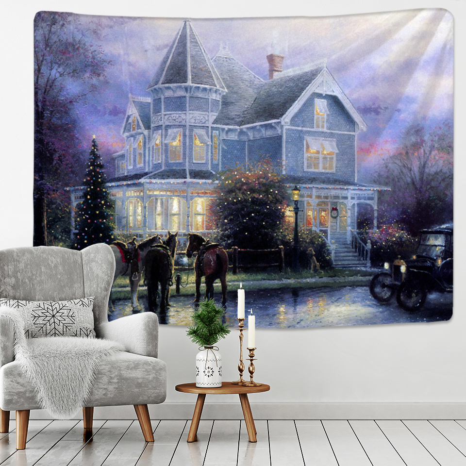 Christmas Oil Painting Tapestry Art Wall Hanging Carriage Beautiful House Tapestry Background Home Decoration