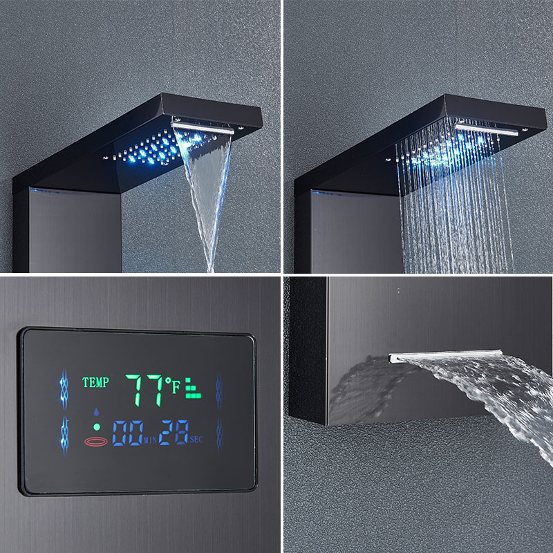 Black LED Light Shower Panel Waterfall&Rainfall Faucet Set Systems Bathroom Mixer Taps Tower with Spa Shower Columns Massage Jet