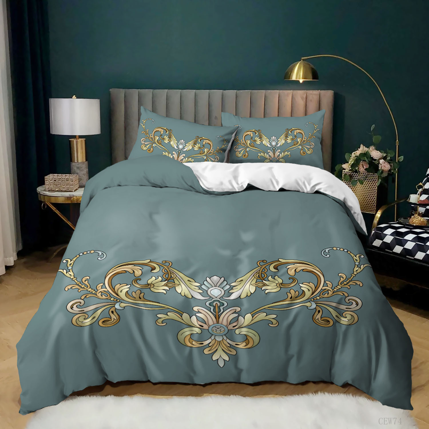 Duvet Cover Set Grüne Weiß 3 -teiliges Bettwäscheset Full/Queen/Kingsize