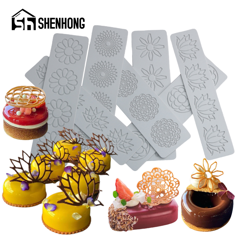 SHENHONG 15 Types Leaves Design Geometric Pattern Lace Mat Sugar Craft Silicone Pad Chocolate Mold Fondant Cake Decorating Mould