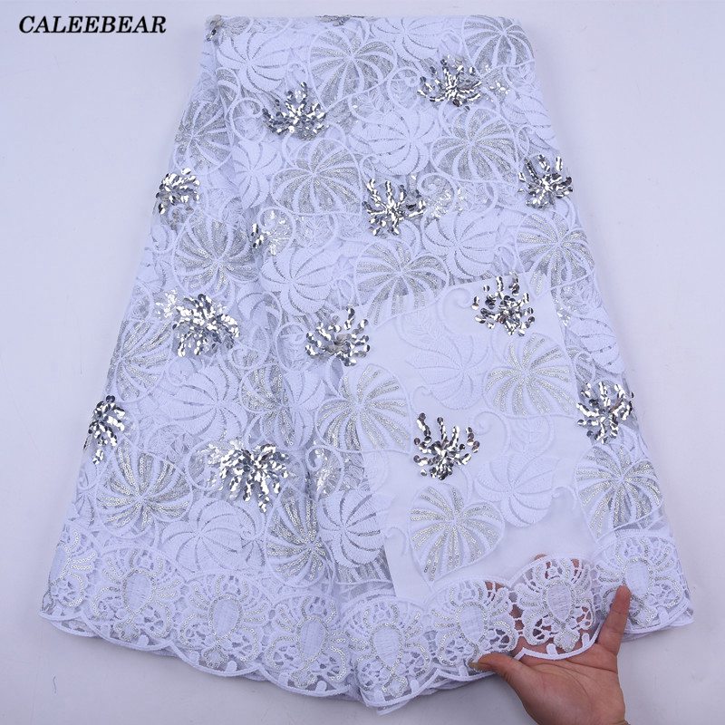 2022 Senaste White African Sequin Lace Fabric Embroidery French Mesh Lace Tyg med paljetter Nigerian Tulle spets för Party S2041