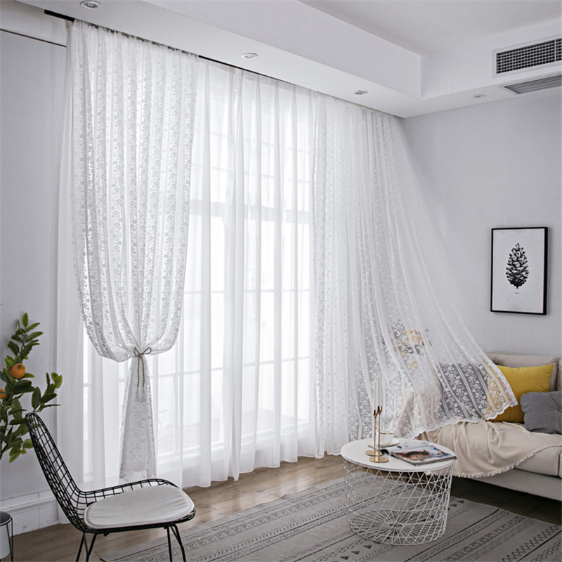 Cortinas de tule floral de renda branca para sala de estar com sala de cafeterar de cafeter barra de rede de cafeter