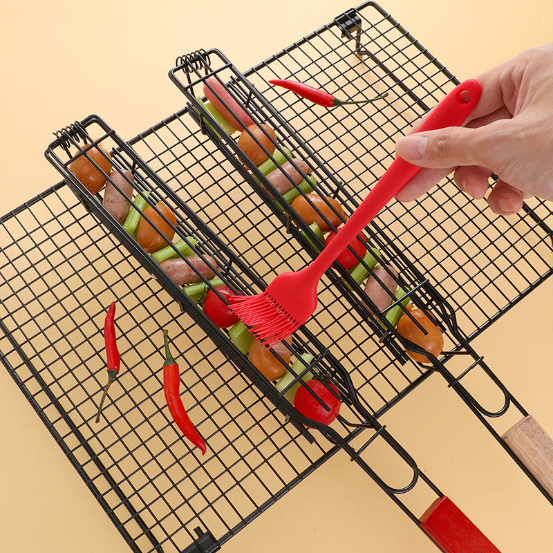 Wooden Handle Barbecue Cage Camping Picnic Barbecue Tools Outdoor Meat Vegetable Net Rack Kabob Grilling Baskets HW0231