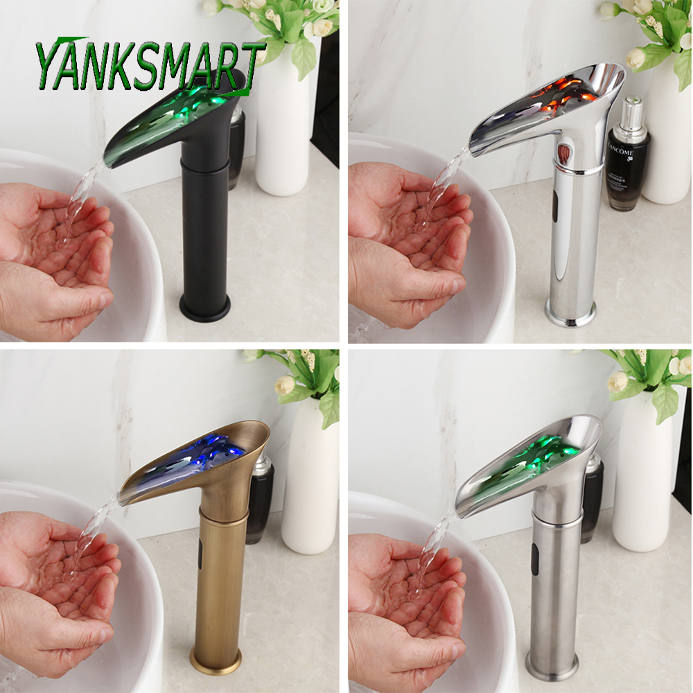 Yanksmart LED Waterfall Automatic Sensor Hand Touch Badrum Sänk Kran Solid mässing Basin Sink Deck Mounted Faucet Mixer Tap